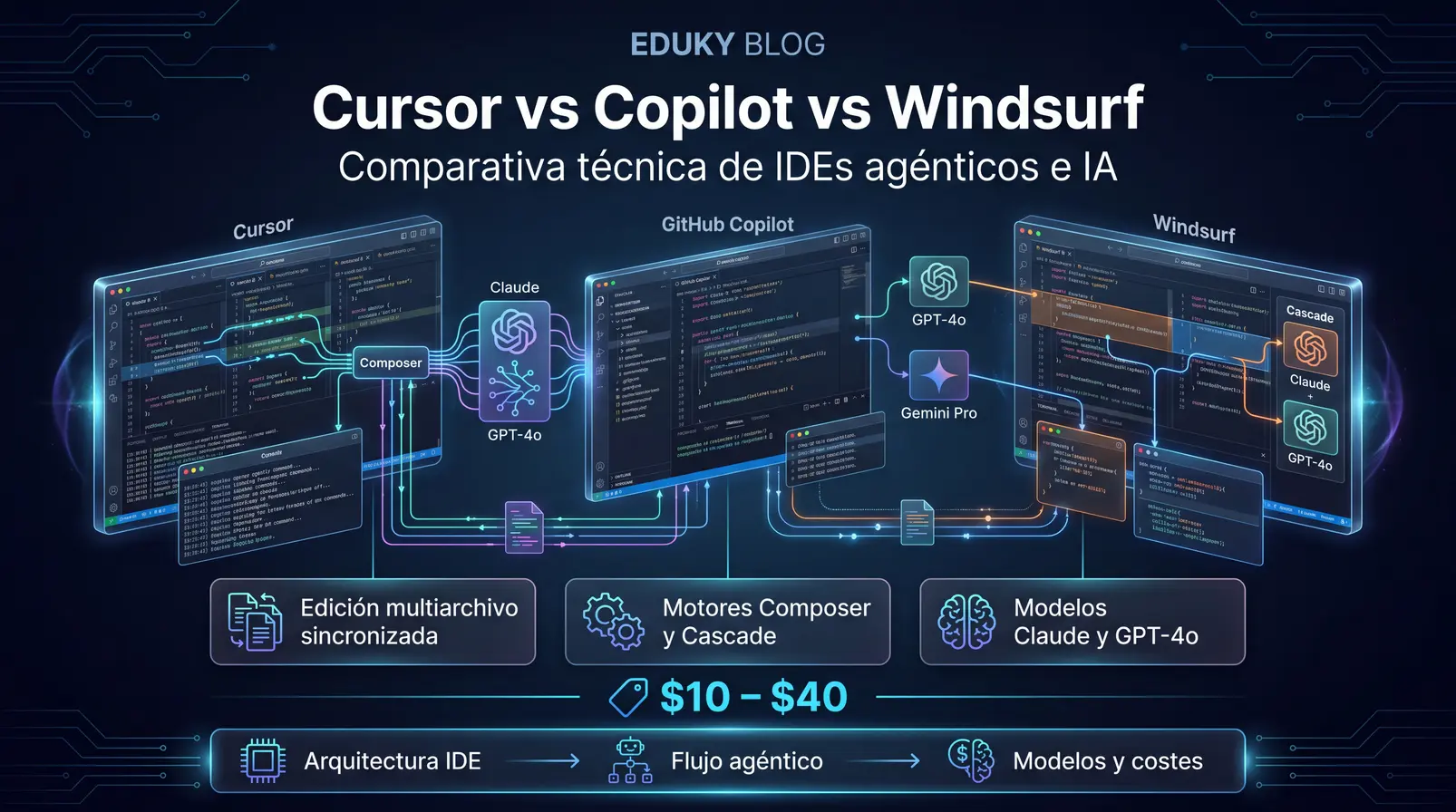 Cursor vs GitHub Copilot vs Windsurf: Comparativa Técnica de IDEs y Asistentes IA